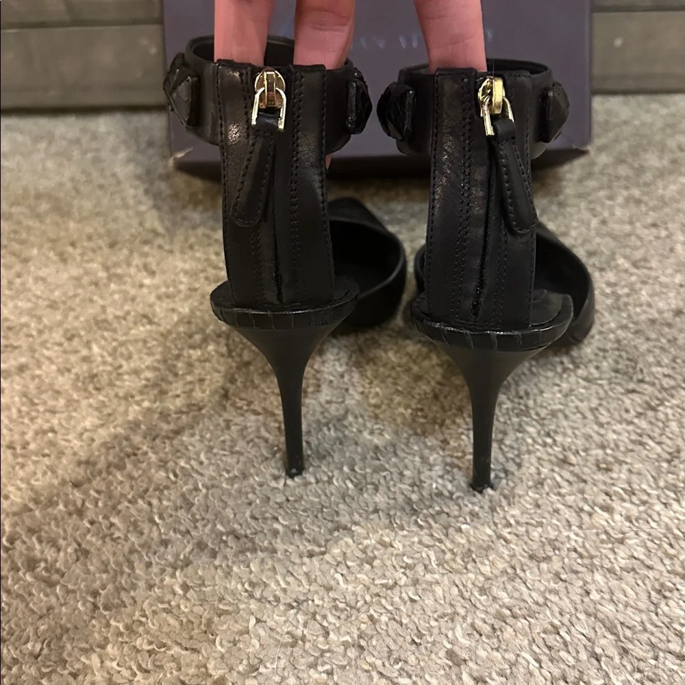 Brian Atwood Black Leather Studded Back Zip D'Orsay Ankle Band Stiletto's | 7.5